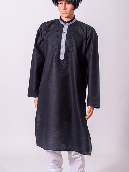 Black Jute Cotton Lucknow Chikan Emporium Mens Kurta