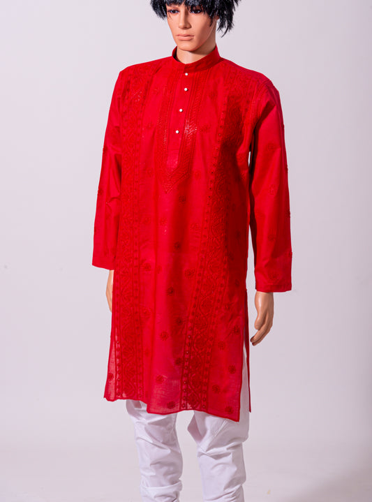 Lucknow Chikan Emporium Red Cotton Silk Mens Kurta