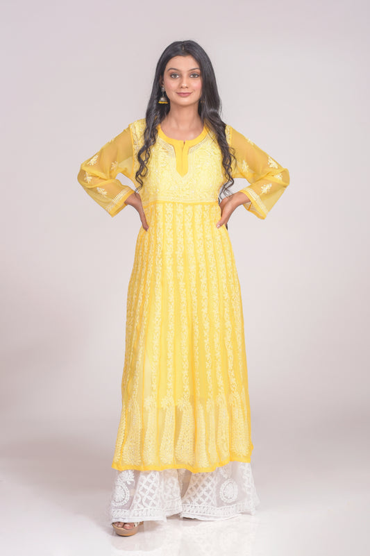 Semi Georgette Nice Yellow Anarkali Kurti Hand Chikankari Lucknow Chikan Emporium.