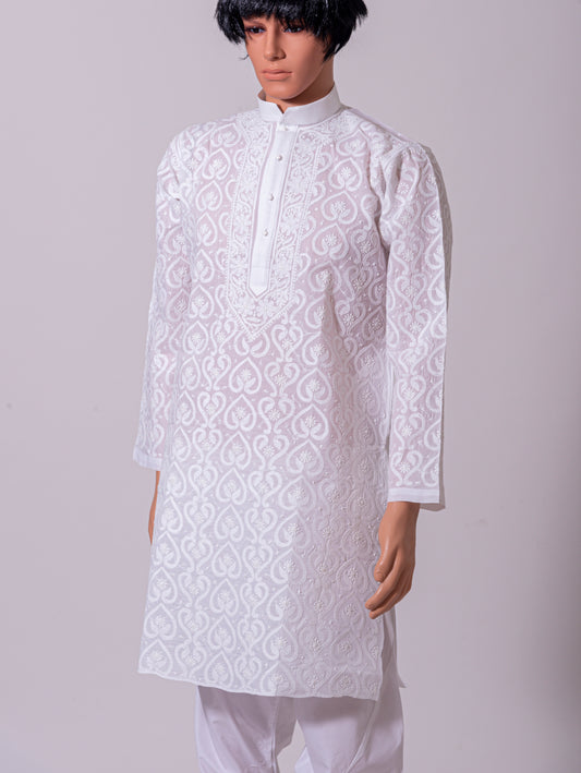 Lucknow Chikan Emporium Lucknowi White Cotton Mens Kurta