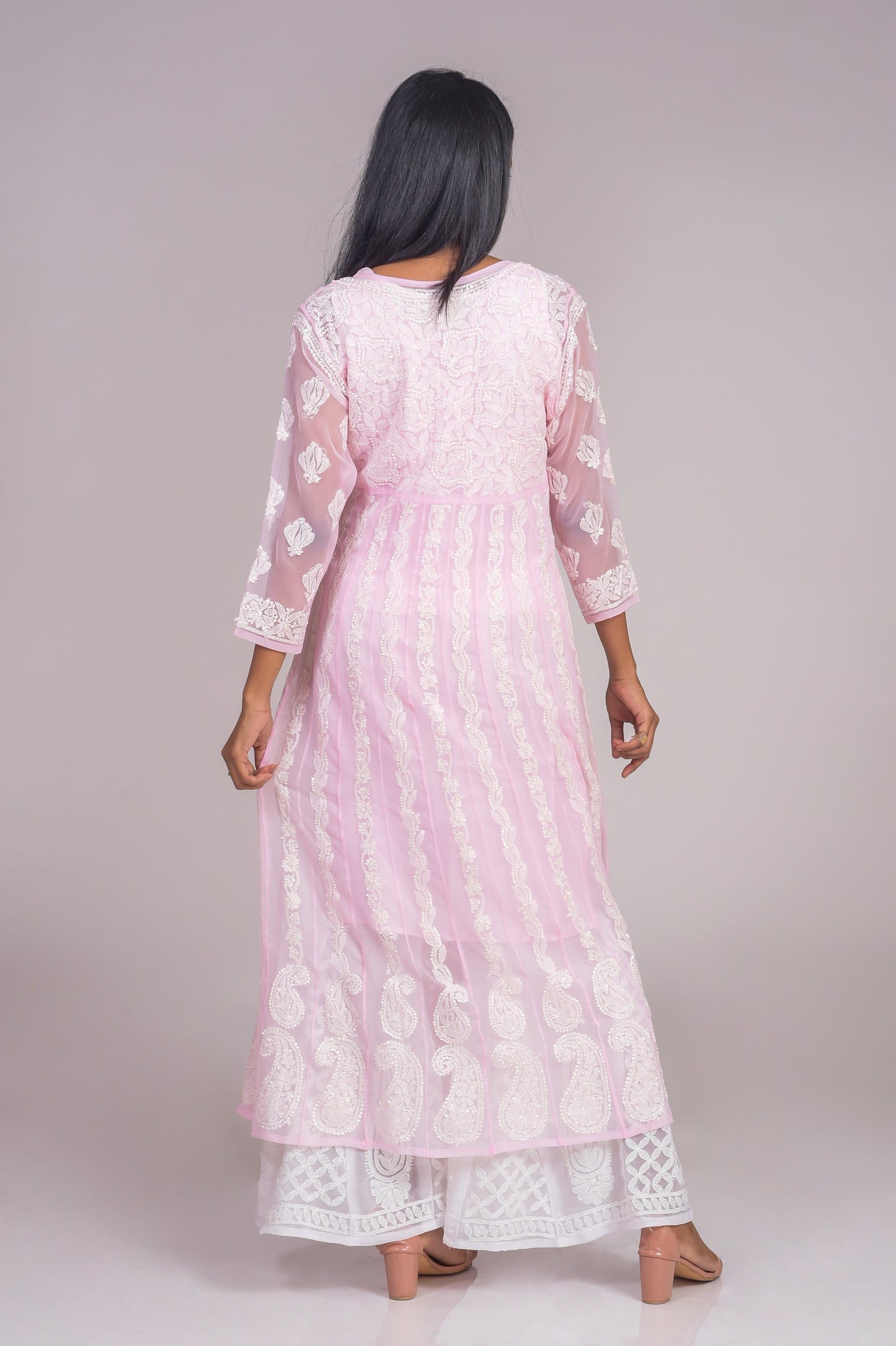 Nice Light Pink Anarkali Skin Friendly Semi Georgette Hand Embroided Kurti Lucknow Chikan Emporium.