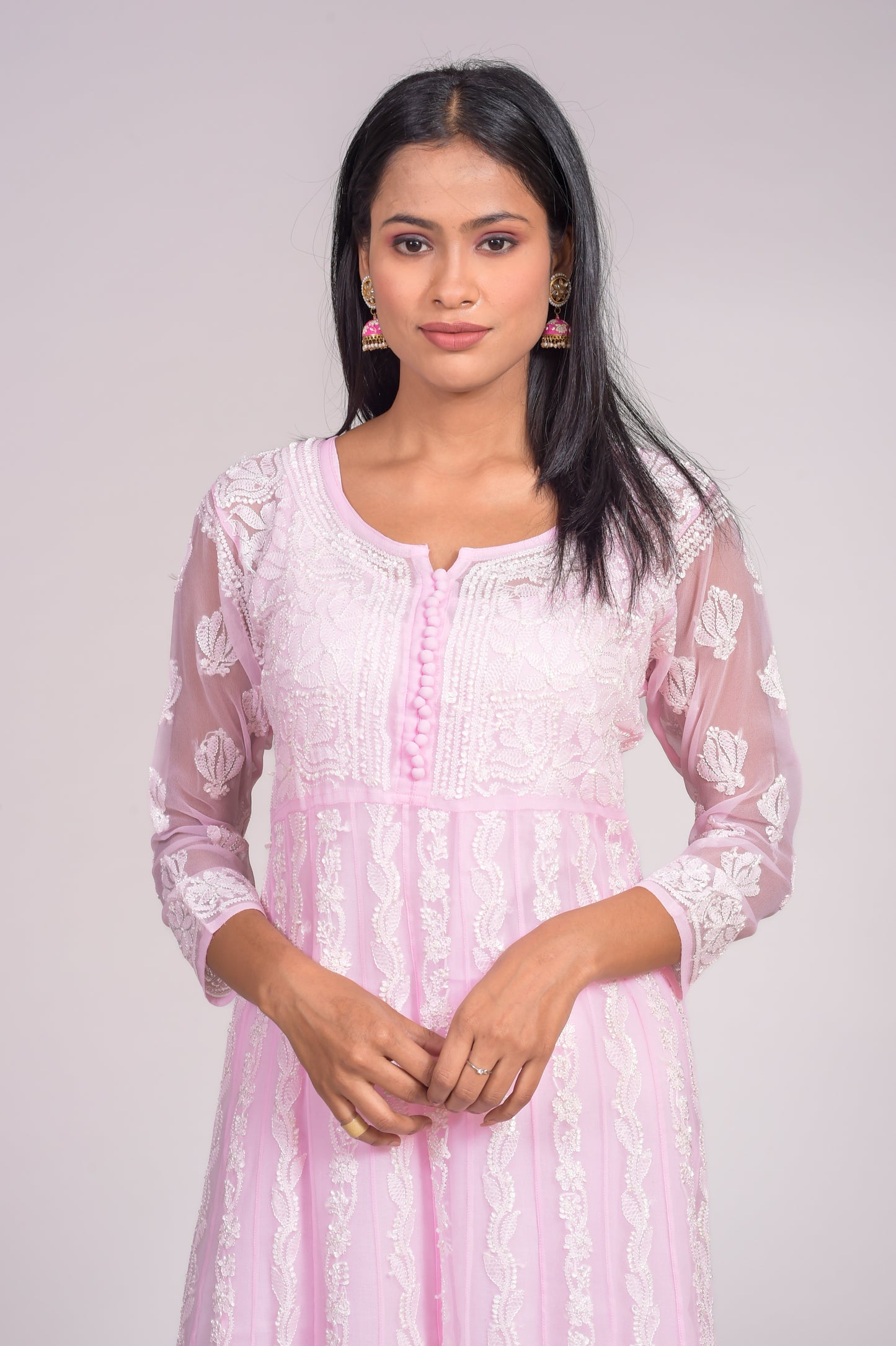 Nice Light Pink Anarkali Skin Friendly Semi Georgette Hand Embroided Kurti Lucknow Chikan Emporium.