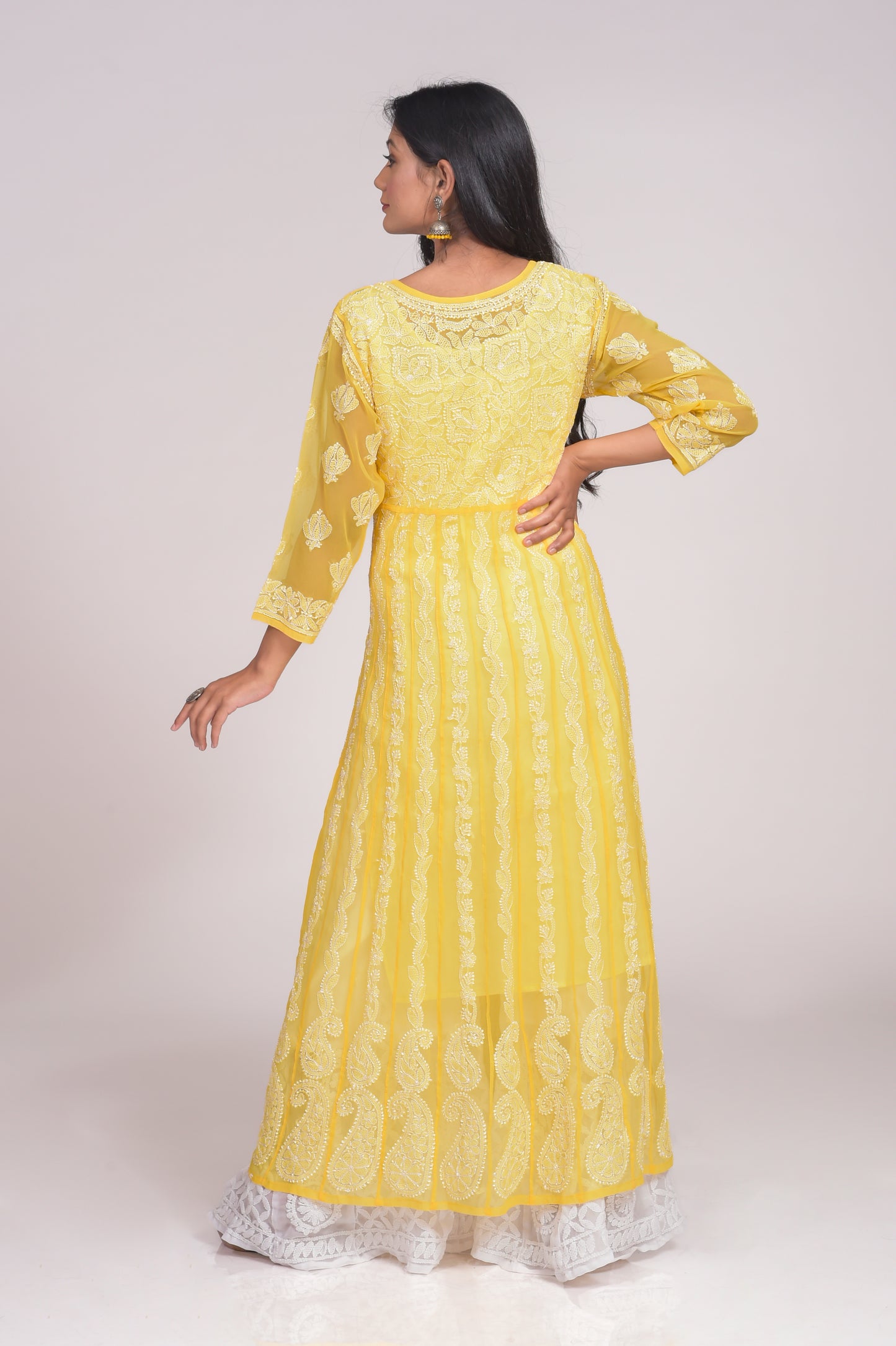 Yellow Anarkali Skin Friendly Semi Georgette Hand Embroided Kurti Lucknow Chikan Emporium.