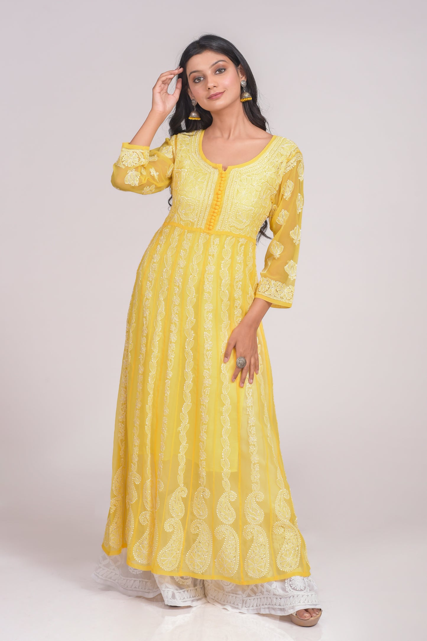 Yellow Anarkali Skin Friendly Semi Georgette Hand Embroided Kurti Lucknow Chikan Emporium.