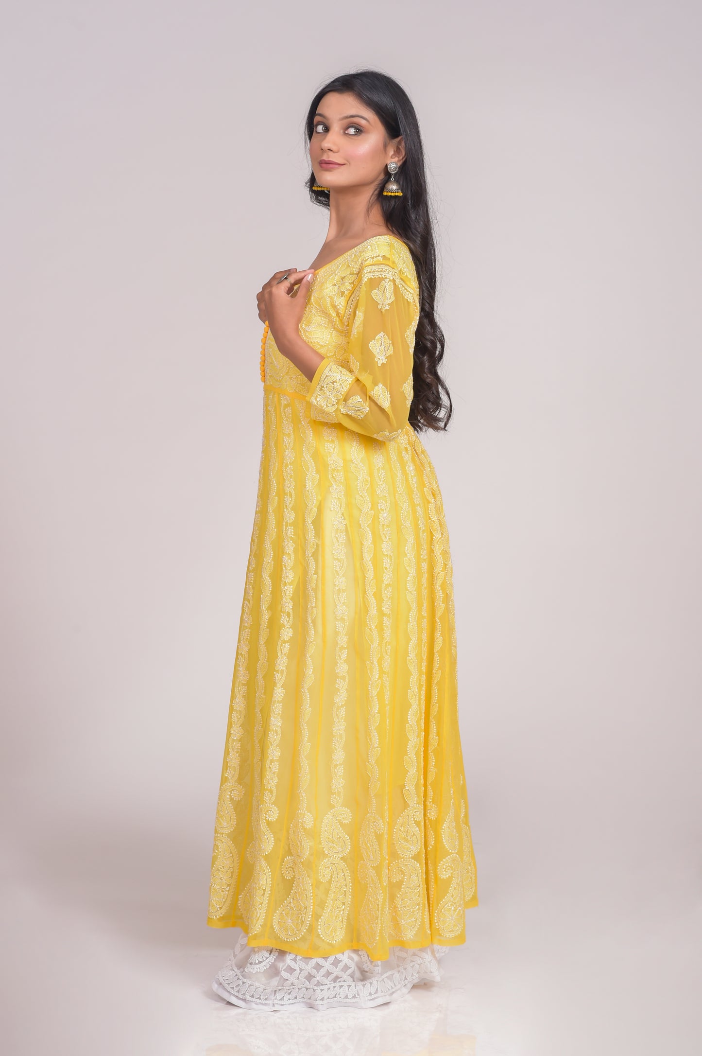 Yellow Anarkali Skin Friendly Semi Georgette Hand Embroided Kurti Lucknow Chikan Emporium.