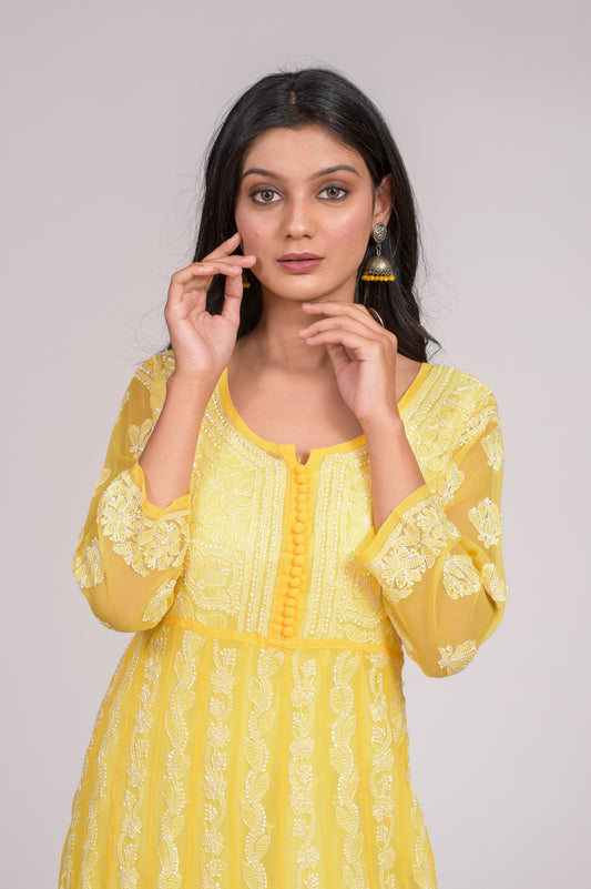 Yellow Anarkali Skin Friendly Semi Georgette Hand Embroided Kurti Lucknow Chikan Emporium.