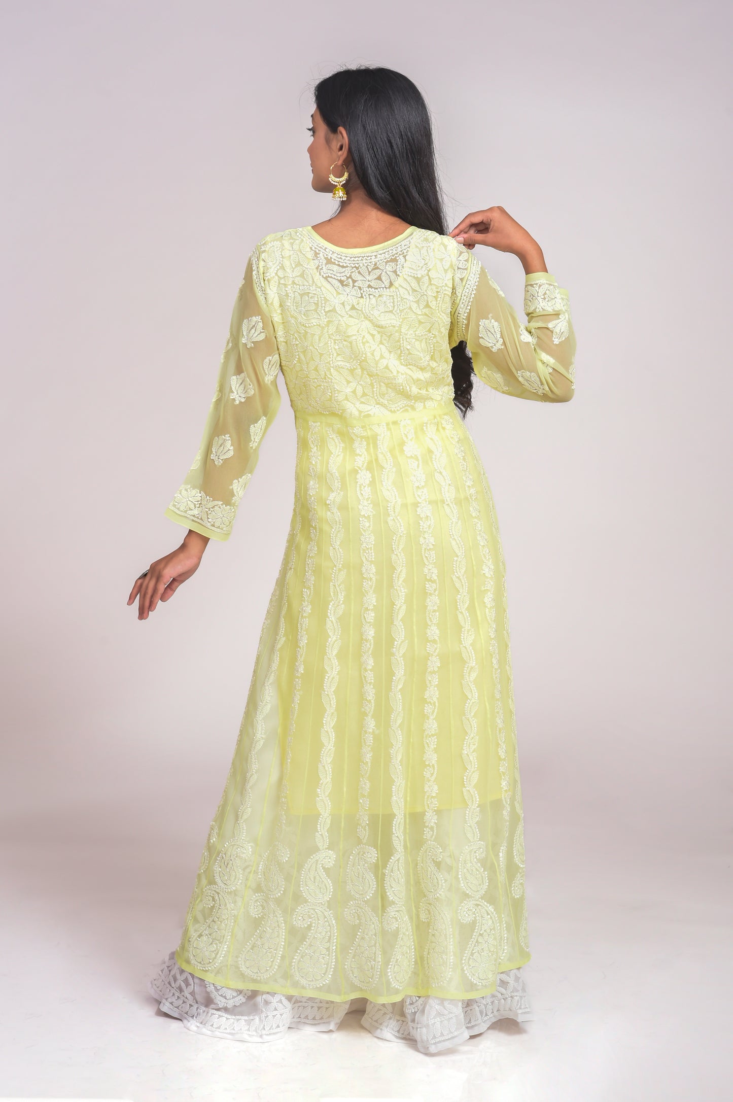 Lemon Yellow Anarkali Skin Friendly Semi Georgette Hand Embroided Kurti Lucknow Chikan Emporium.