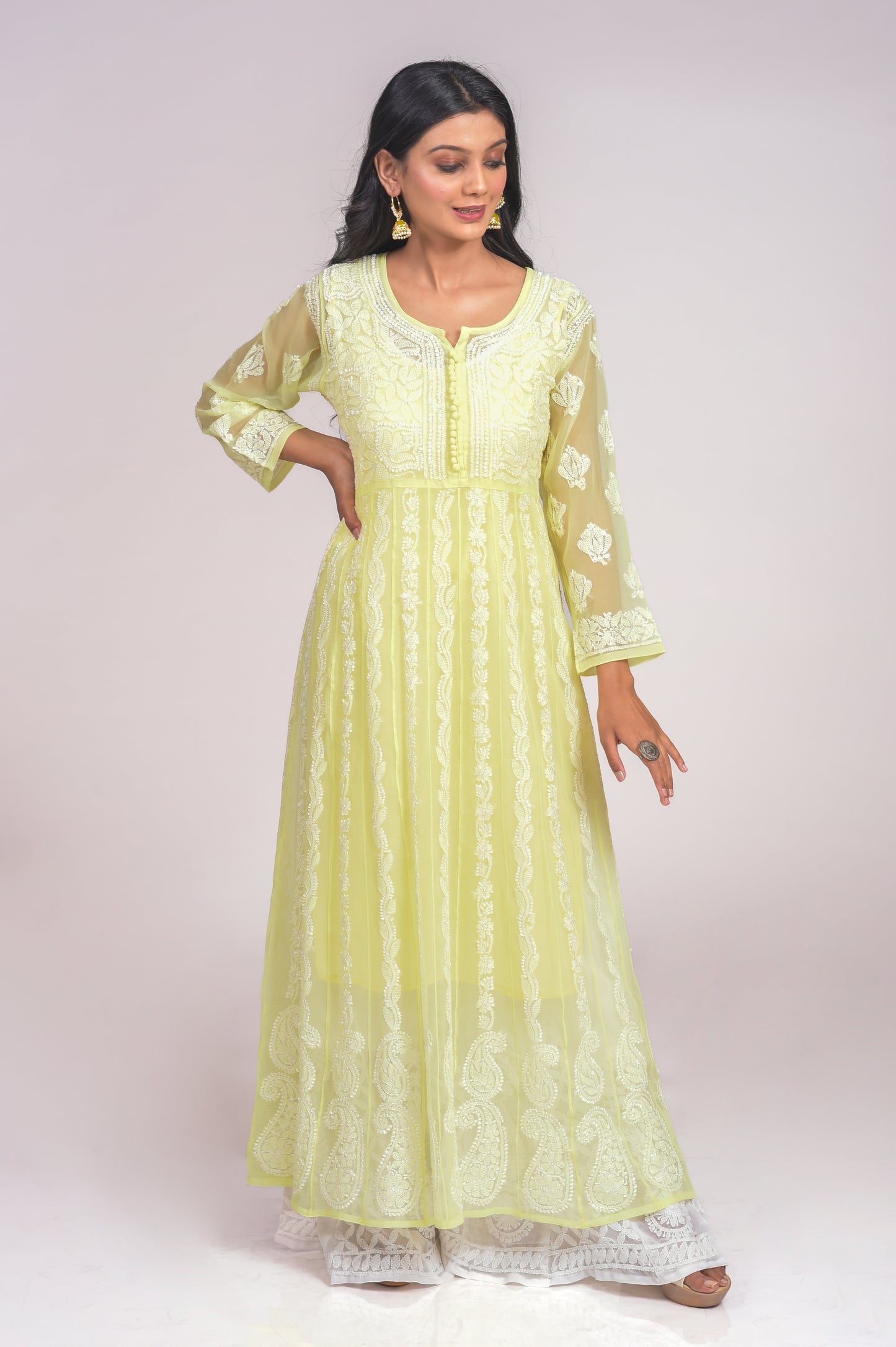 Lemon Yellow Anarkali Skin Friendly Semi Georgette Hand Embroided Kurti Lucknow Chikan Emporium.