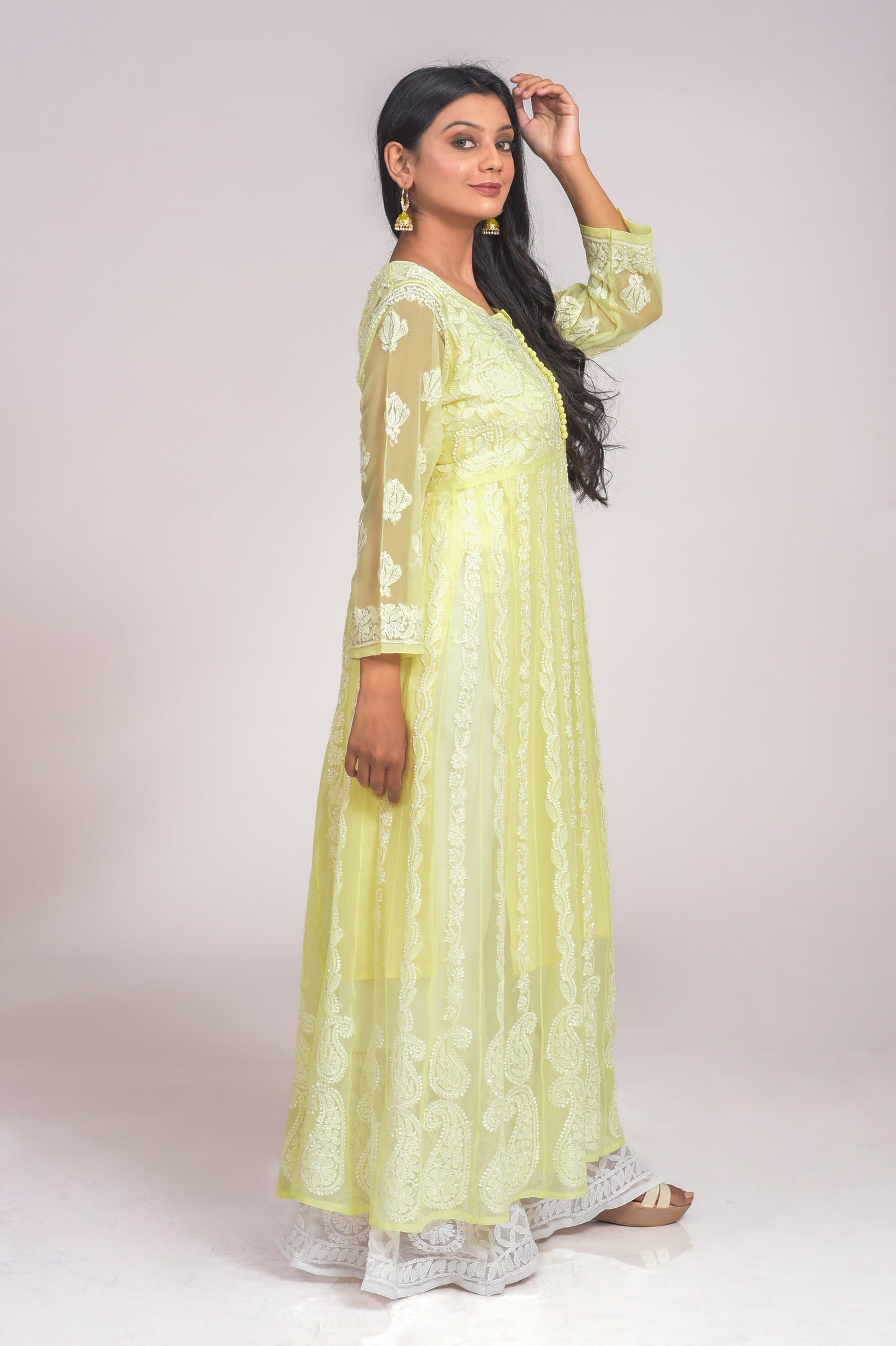 Lemon Yellow Anarkali Skin Friendly Semi Georgette Hand Embroided Kurti Lucknow Chikan Emporium.