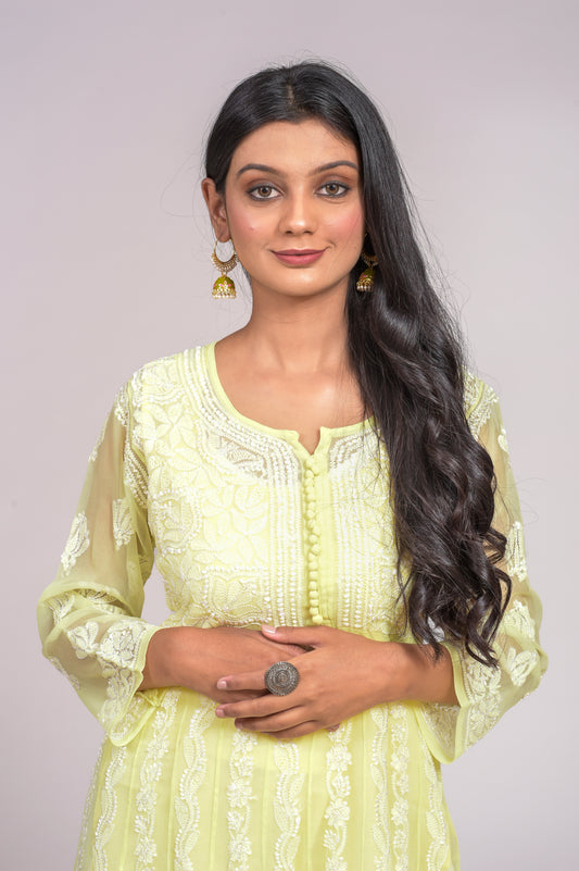 Lemon Yellow Anarkali Skin Friendly Semi Georgette Hand Embroided Kurti Lucknow Chikan Emporium.