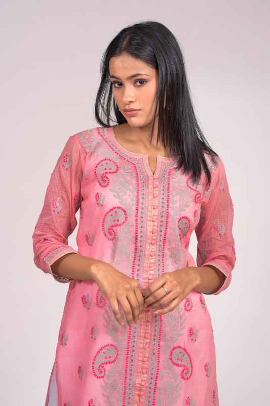 Carrot Pink Kurti  Kota Doriya Hand Chikankari Lucknow Chikan Emporium.