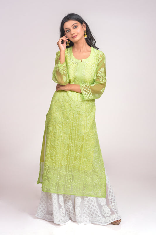 Leaf green Organza Hand Embroided Chikankari Lucknow Chikan Emporium kurti