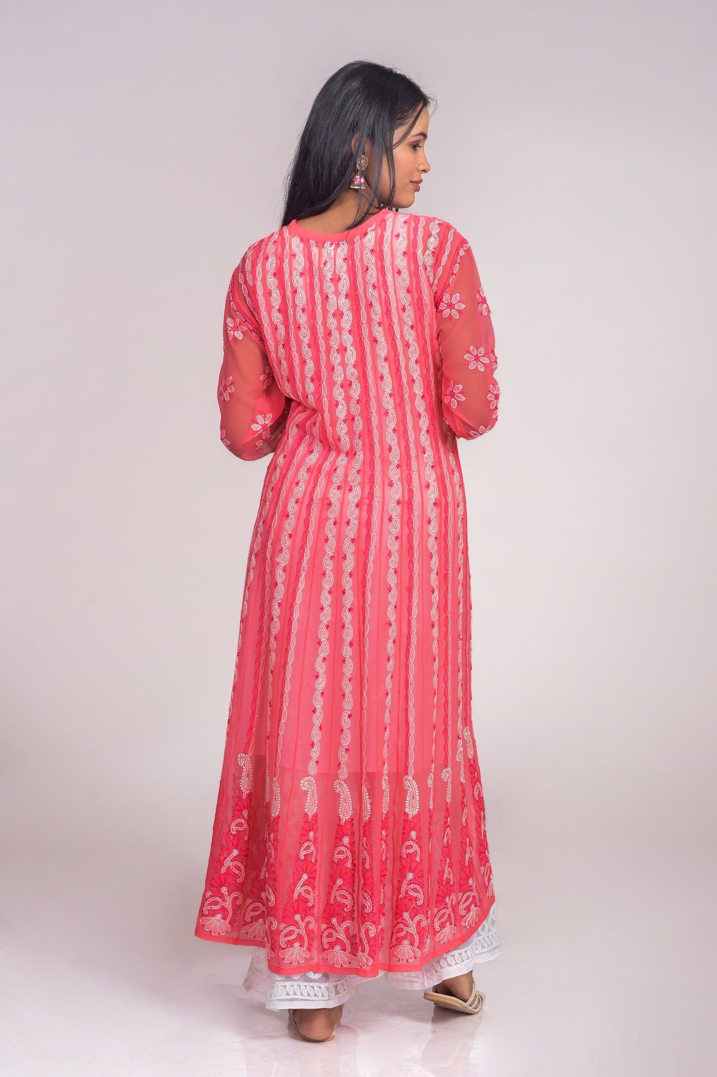 Semi Georgette Peach Hand Chikankari Anarkali Kurti Lucknow Chikan Emporium.