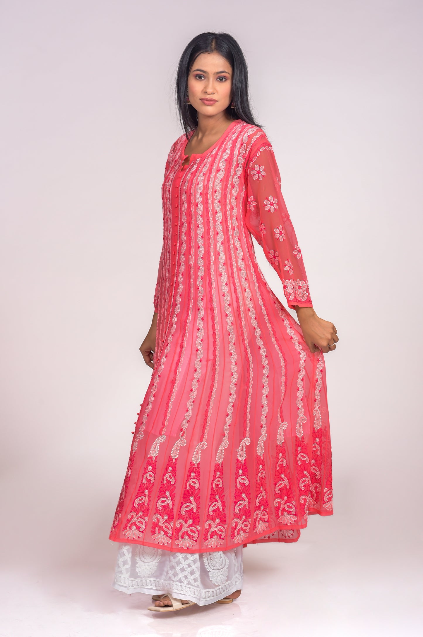 Semi Georgette Peach Hand Chikankari Anarkali Kurti Lucknow Chikan Emporium.