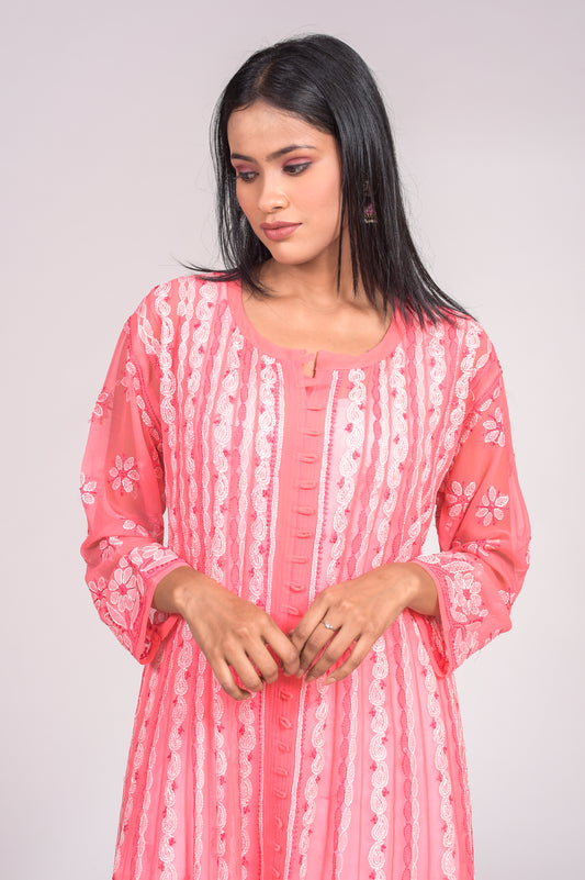 Semi Georgette Peach Hand Chikankari Anarkali Kurti Lucknow Chikan Emporium.