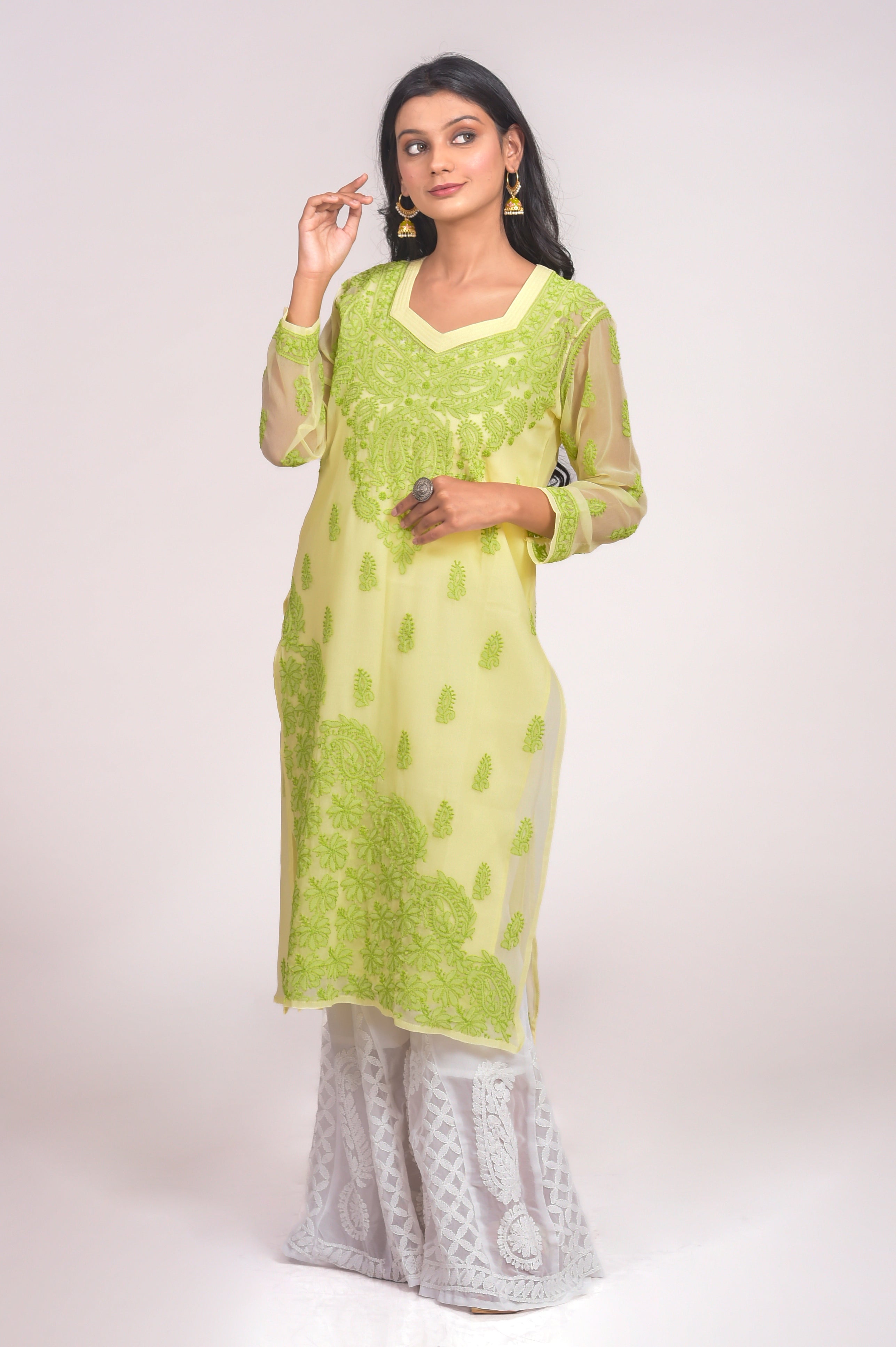 No Fade Tie-up Neckline Lemon Green And White Calf Length 3/4th Sleeves  Regular Fit Skin Friendly Wrinkle Resistance Casual Wear Ladies Cotton  Embroidered Kurti With Palazzo at Best Price in Jaipur |