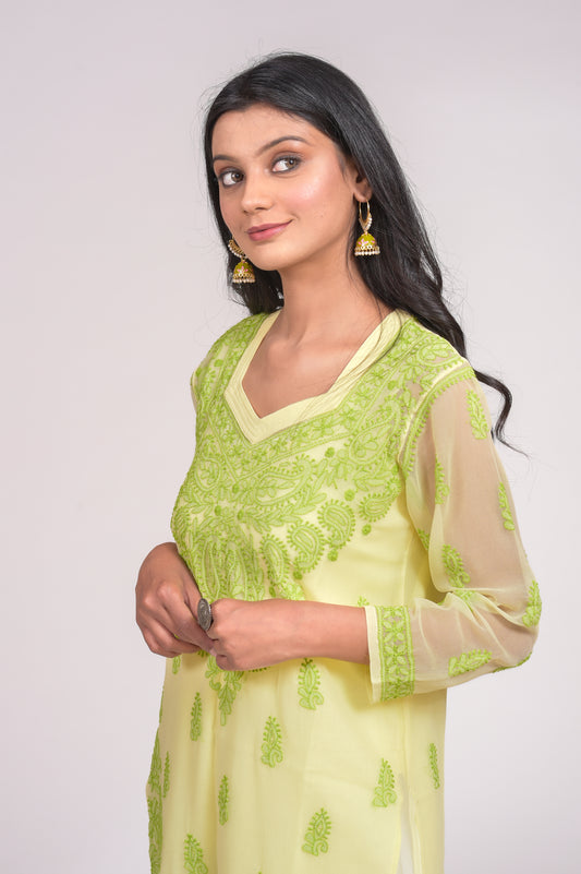 Semi Georgette Chikankari Kurti Nice Lemon Green Colour Lucknow Chikan Emporium.