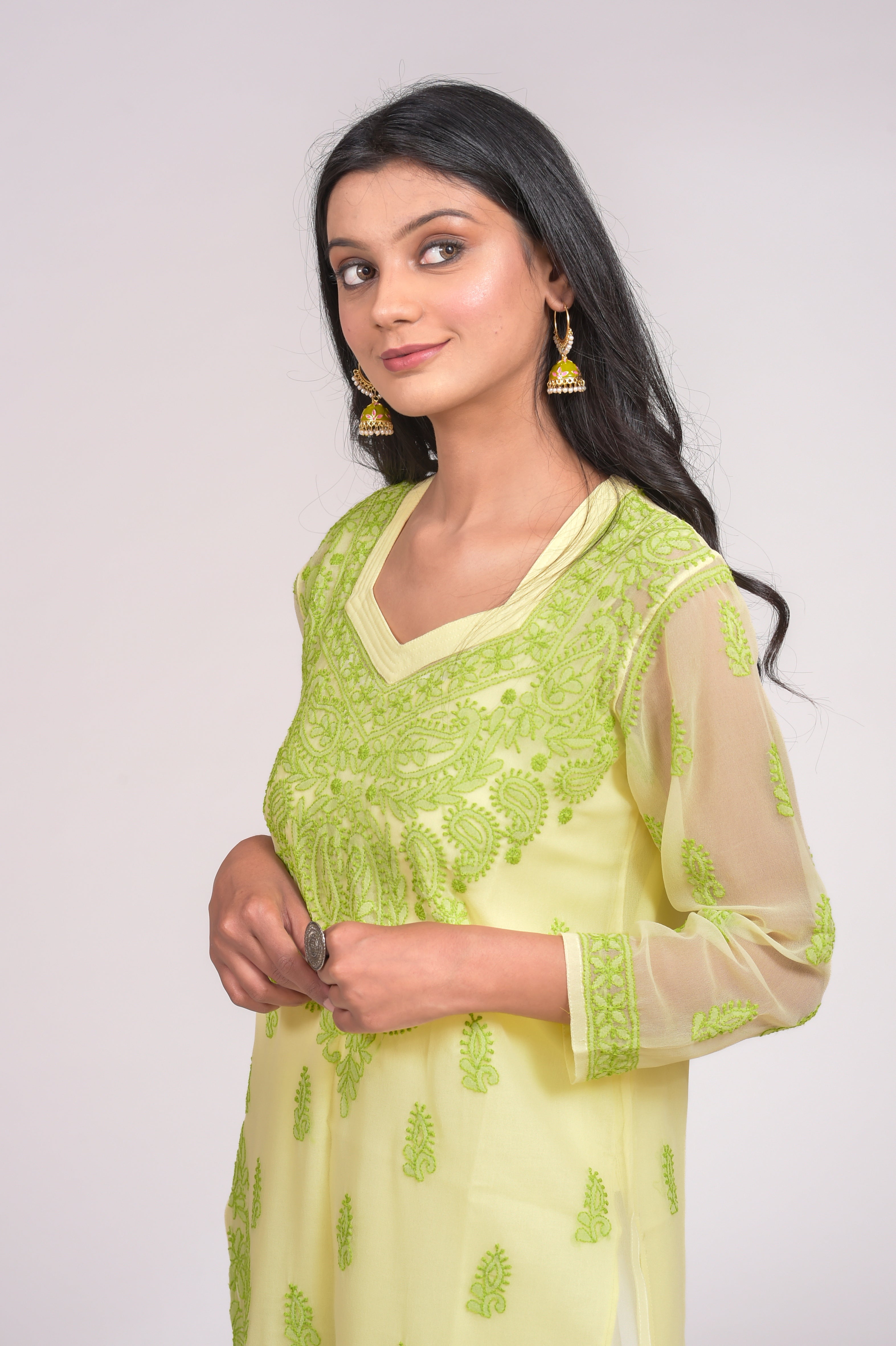 Ada Hand Embroidered Lemon Cotton Lucknowi Chikan Women Kurta - A100370 -  Ada - 3287406