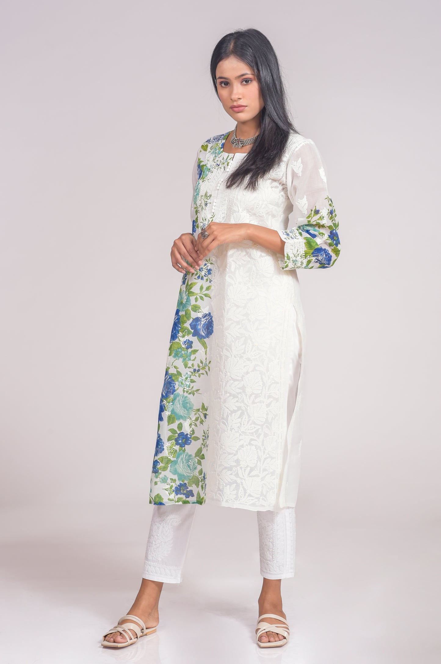 Hand Chikankari Kurti (White and Printed Color) Lucknow Chikan Emporium.