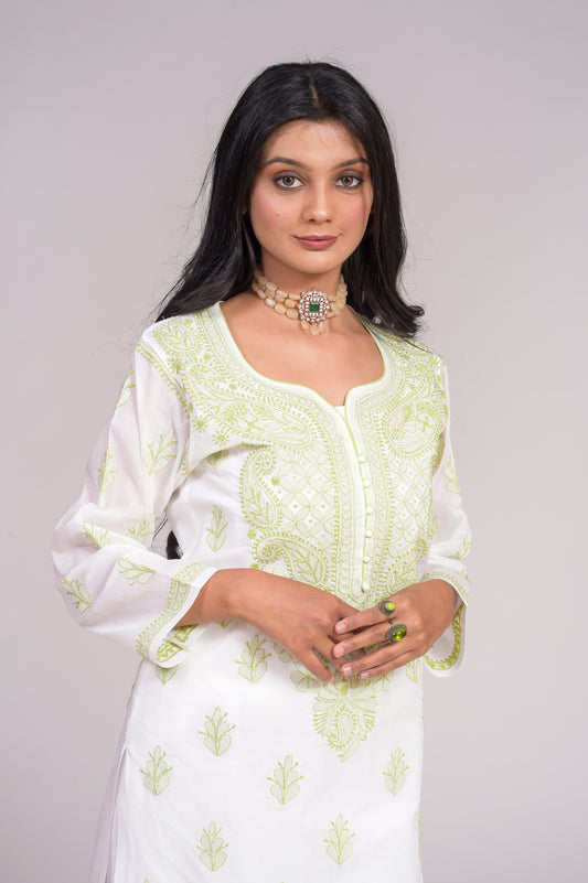 Cotton White (Green) Hand Embroided Chikankari Kurti Lucknow Chikan Emporium.