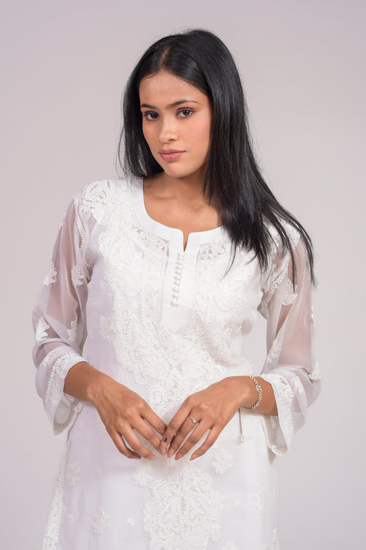 Skin Friendly Semi Georgette Chikankari Kurti White Colour Lucknow Chikan Emporium.