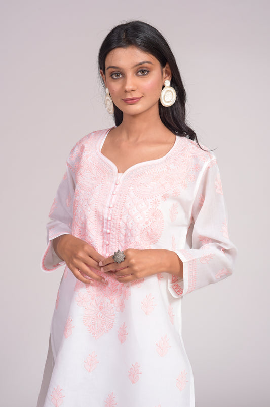 Cotton White (Peach) Hand Embroided Chikankari Kurti Lucknow Chikan Emporium.