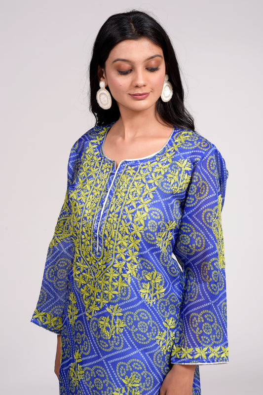 Bandhani Print Cotton Nice blue Colour hand embroided  lucknow chikan emporium kurti