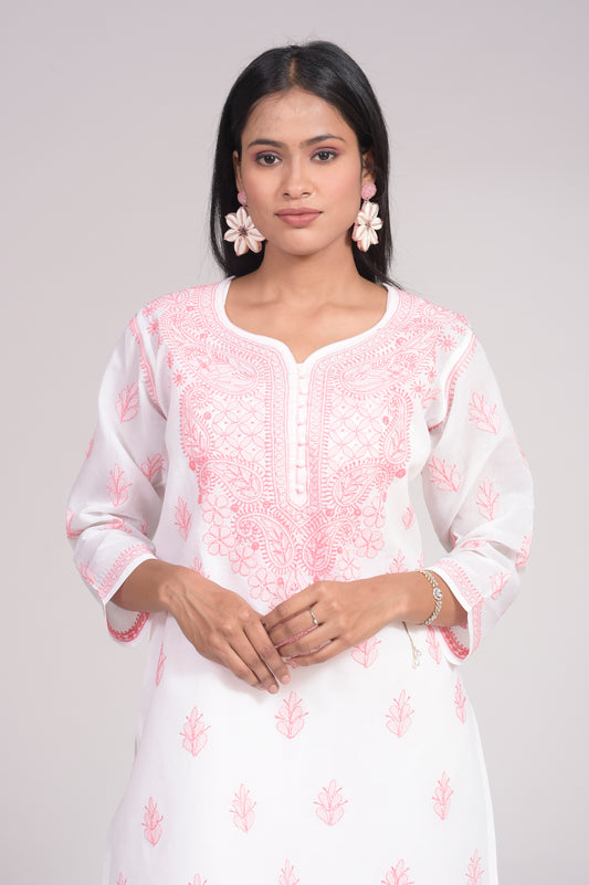 Cotton White (Pink) Hand Embroided Chikankari Kurti Lucknow Chikan Emporium.