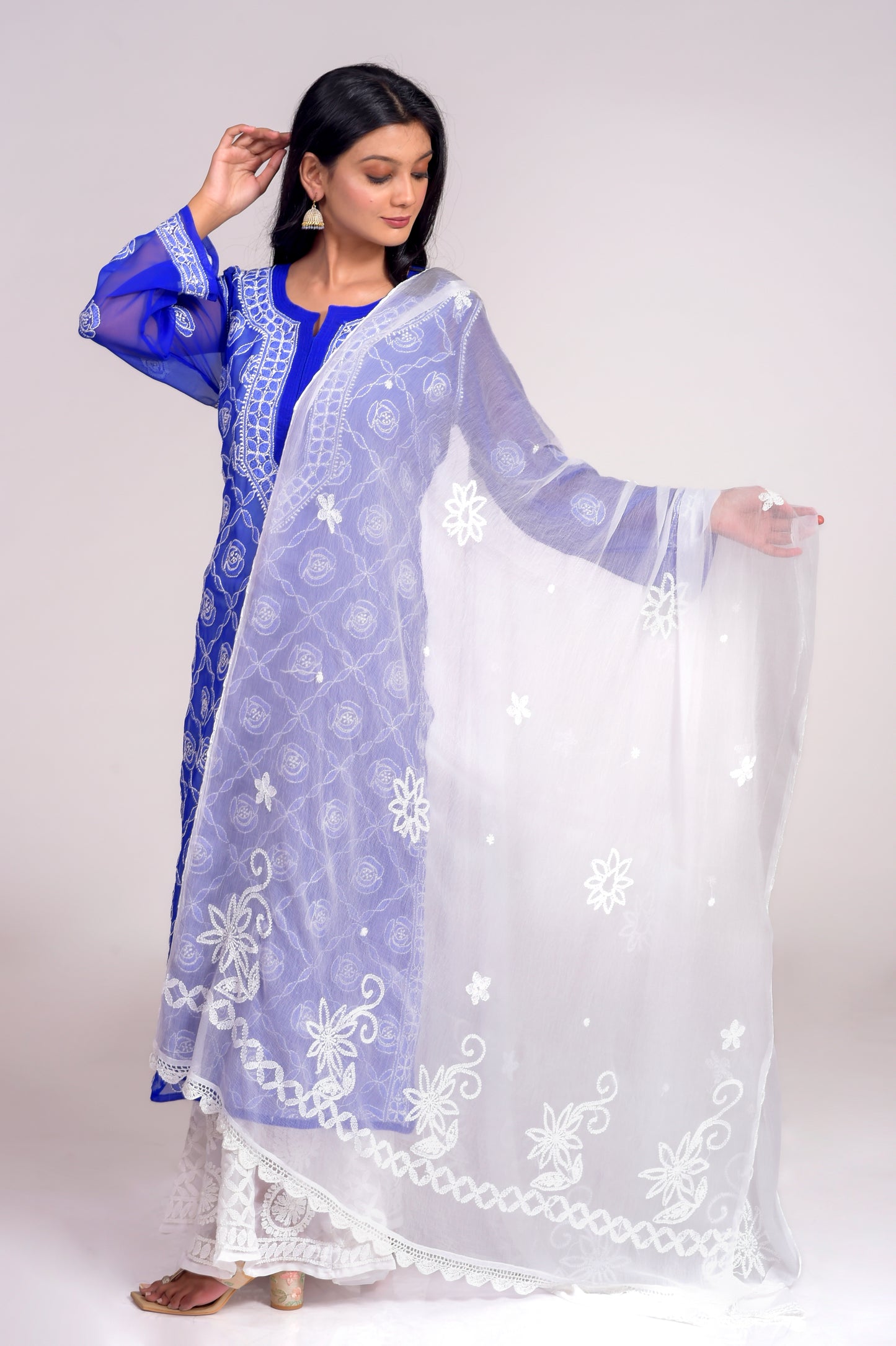 Lucknow Chikan Emporium skin friendly Semi Georgette White Dupatta