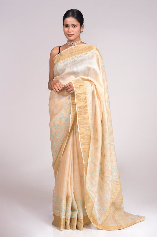 Tussar Silk Saree Beige Colour With Same Colour Blouse piece included Lucknow Chikan Emporium .