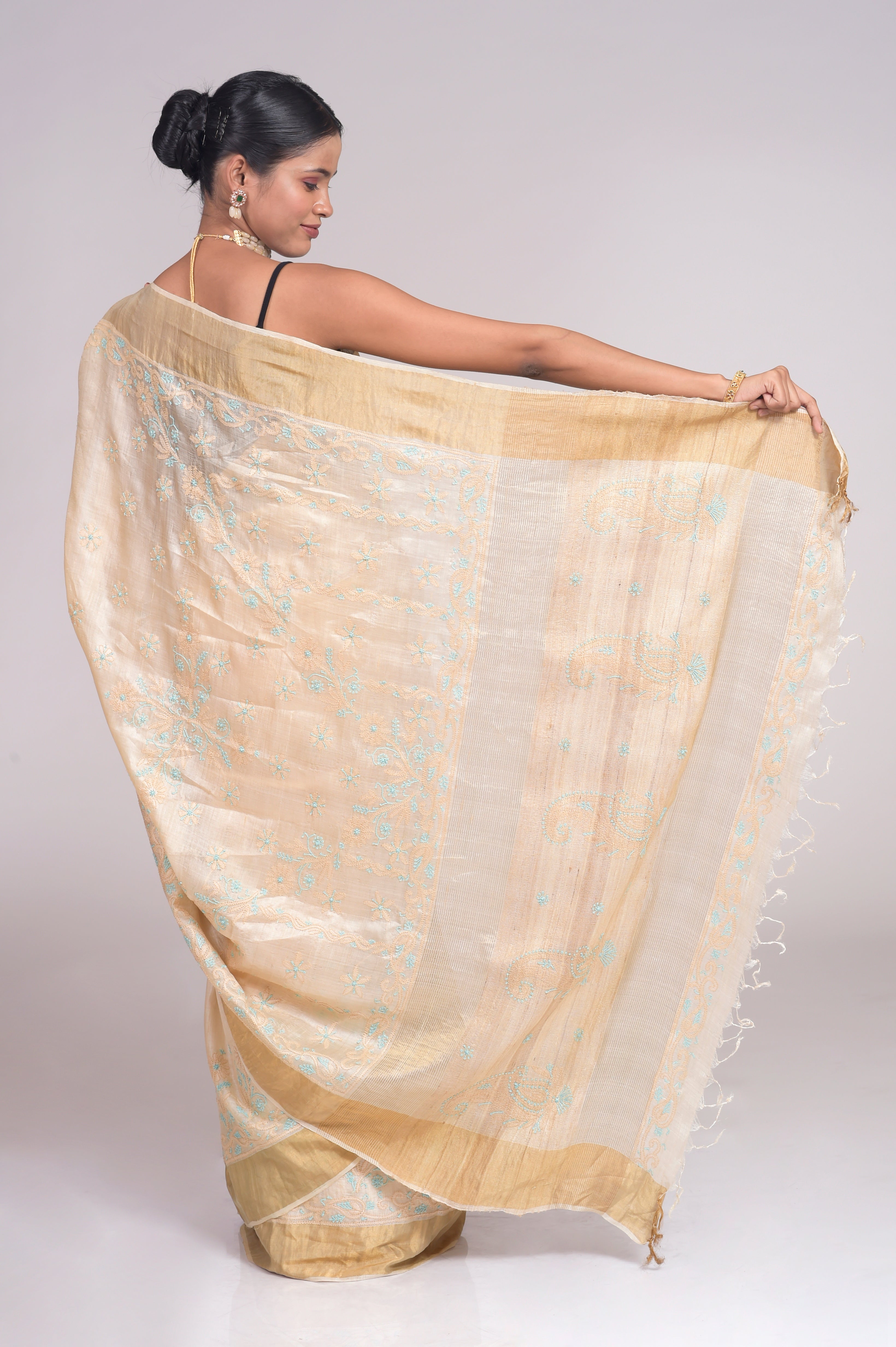 Tussar Silk Saree Beige Colour With Same Colour Blouse piece included Lucknow Chikan Emporium .