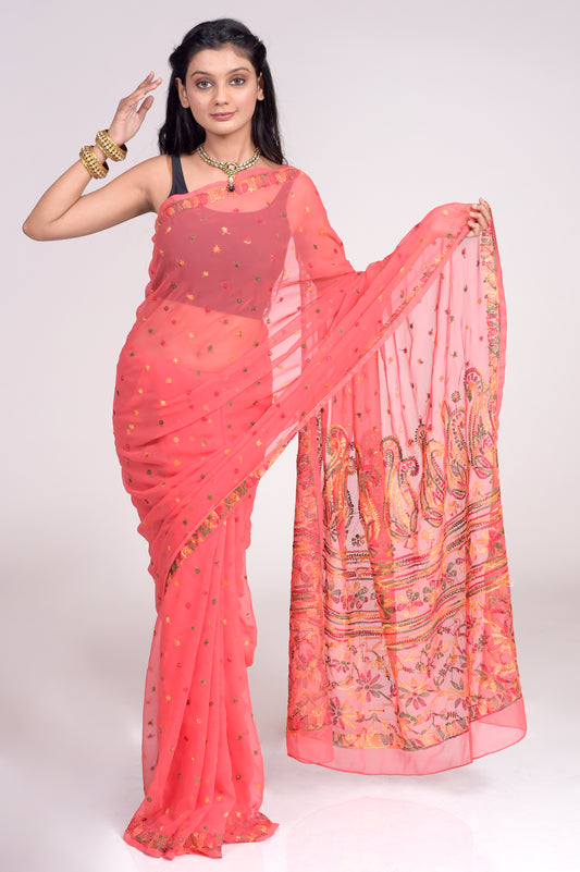 Semi Georgette Carrot Pink Colour Saree With Multi Colour Blouse piece included Lucknow Chikan Emporium