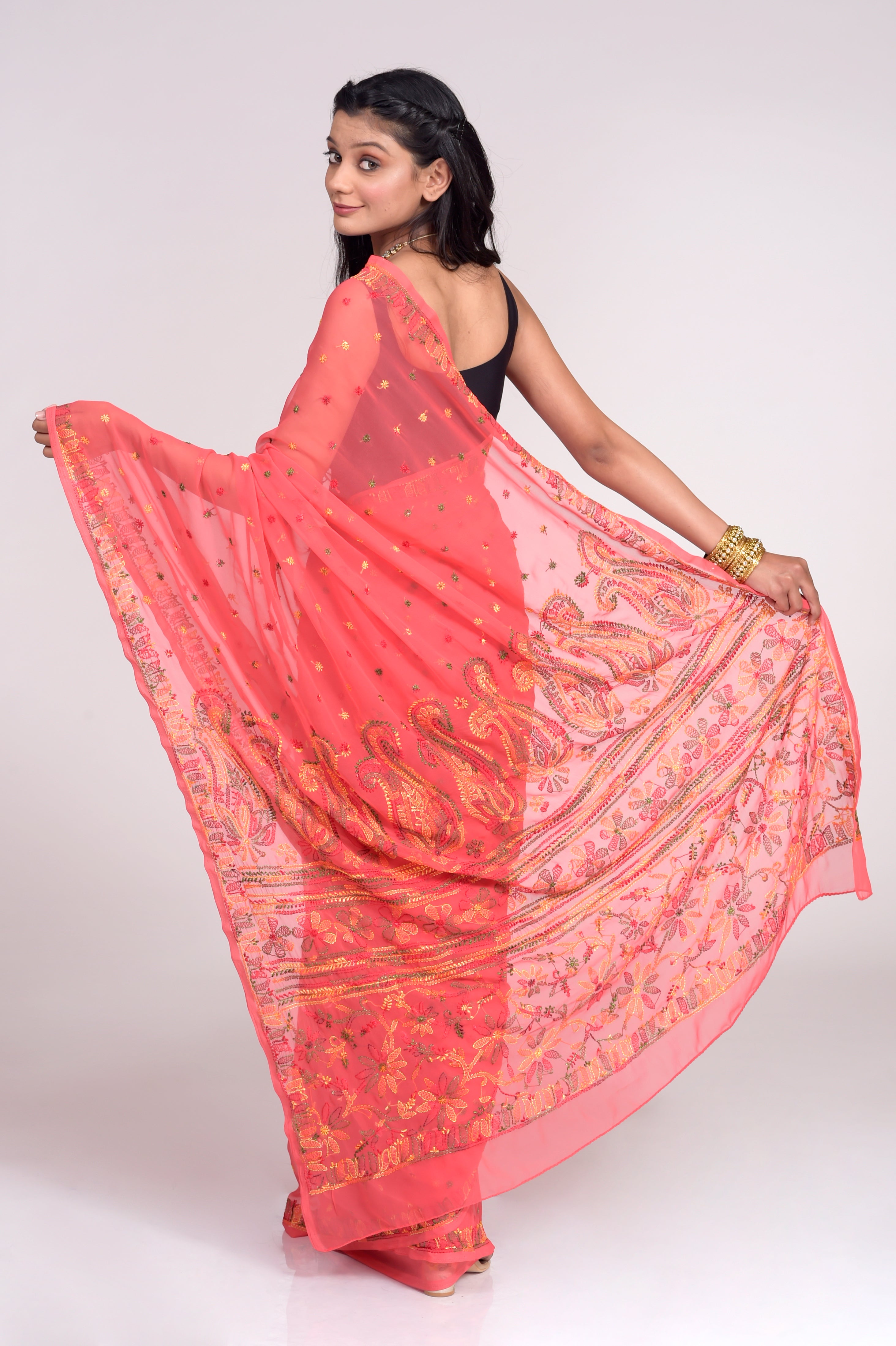 Semi Georgette Carrot Pink Colour Saree With Multi Colour Blouse piece included Lucknow Chikan Emporium