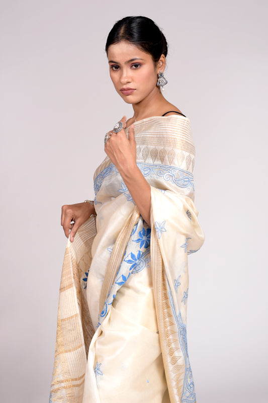 Tussar Silk Saree Beige Colour With Same Colour Blouse Lucknow Chikan Emporium piece included.