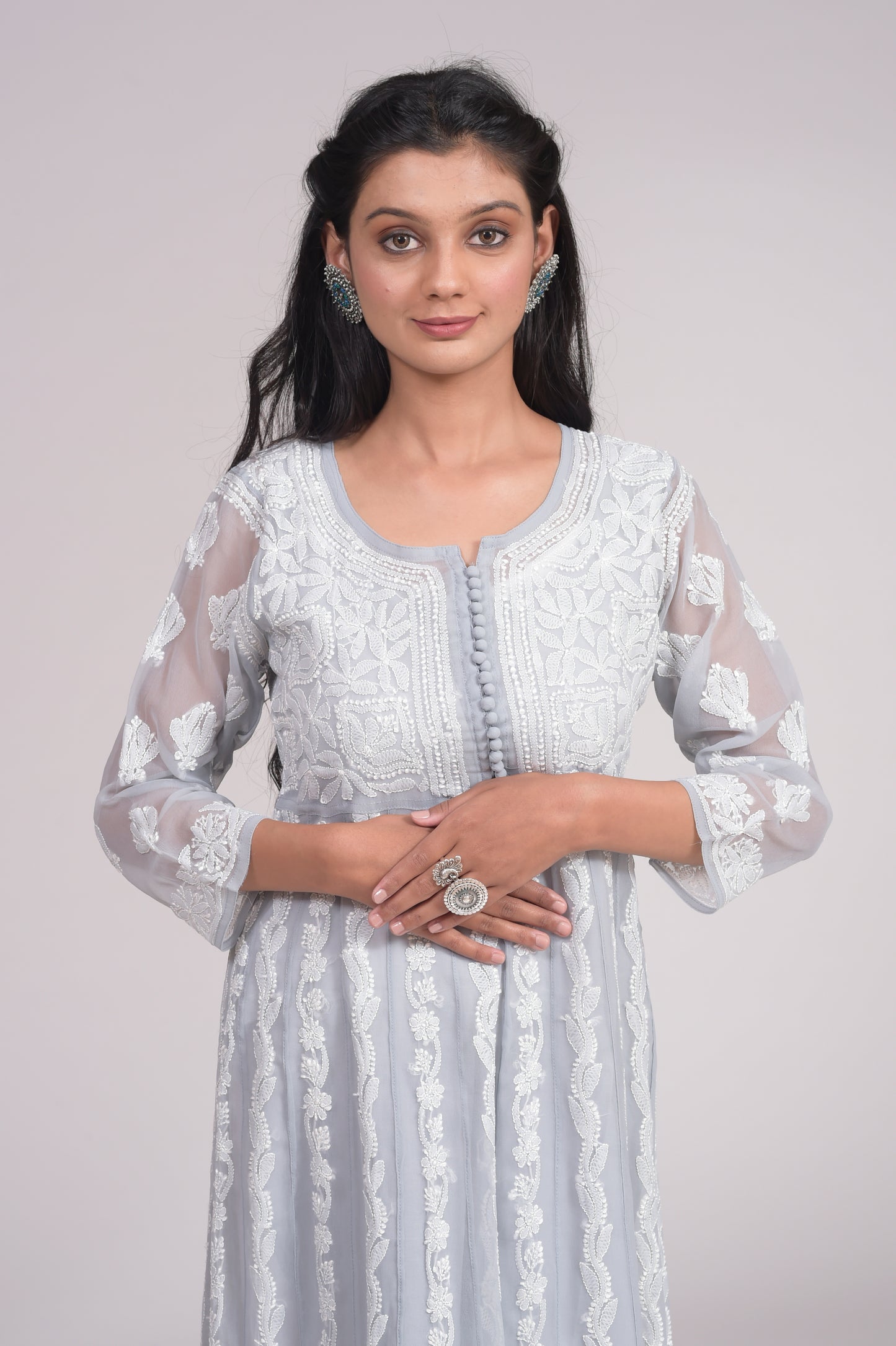 Grey Anarkali Skin Friendly Semi Georgette Hand Embroided Kurti Lucknow Chikan Emporium.