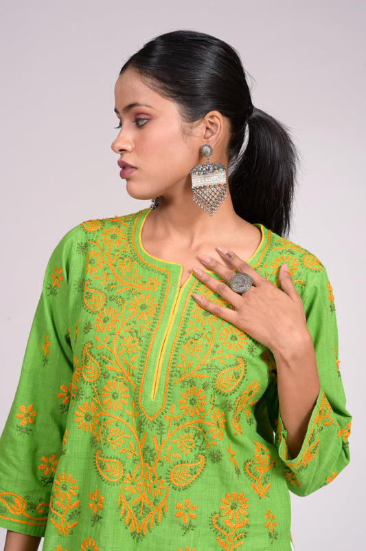 Soft Cotton Short Kurti Nice Leaf Green Colour Skin Friendly Hand Chikankari Lucknow Chikan Emporium.