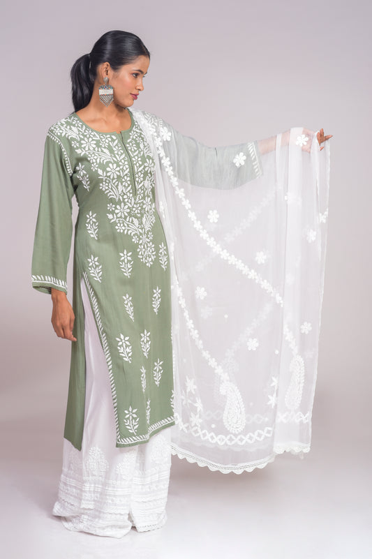 Lucknow Chikan Emporium White dyeable pure chiffon skin friendly Dupatta.