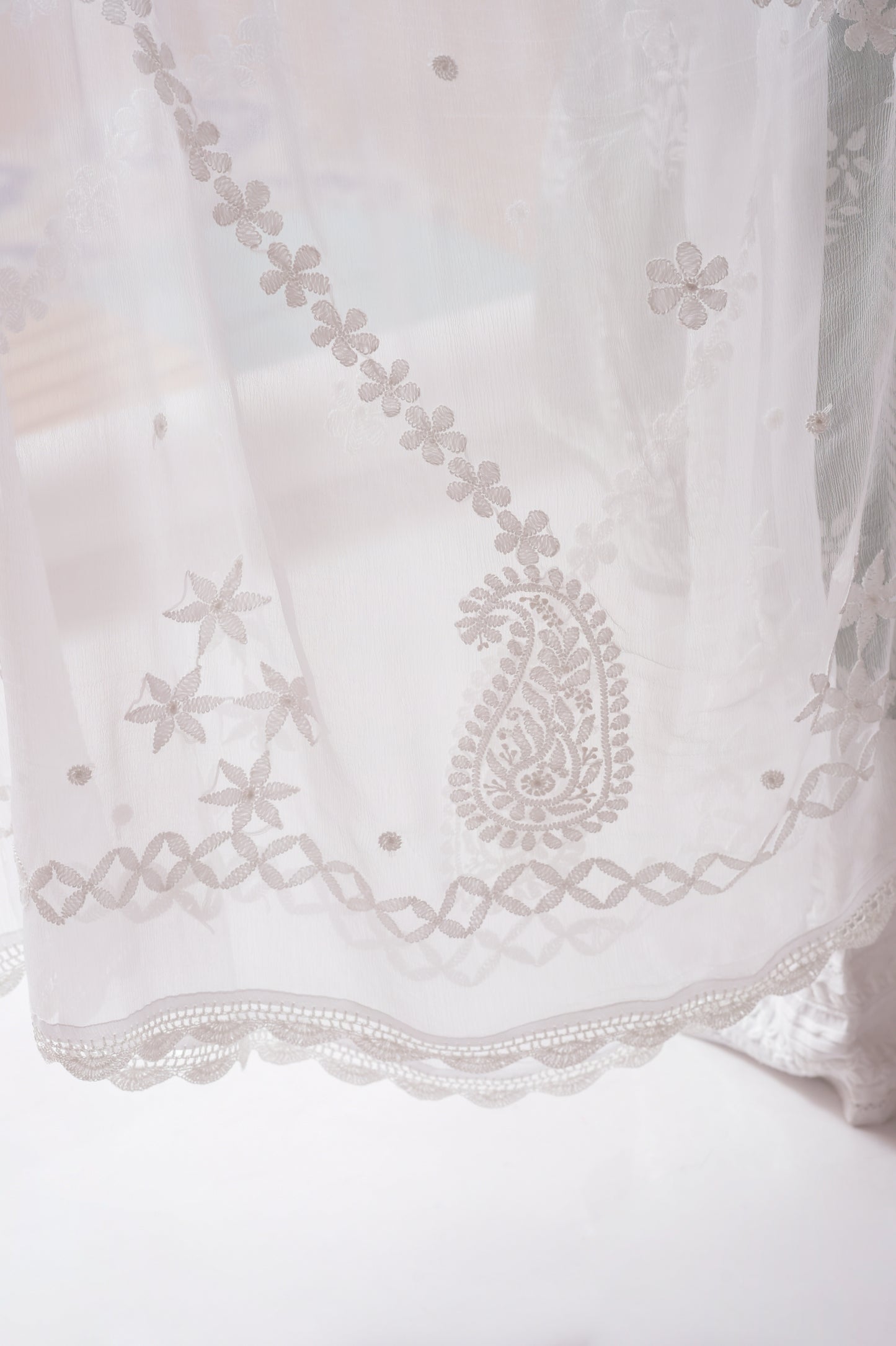 Lucknow Chikan Emporium White dyeable pure chiffon skin friendly Dupatta.