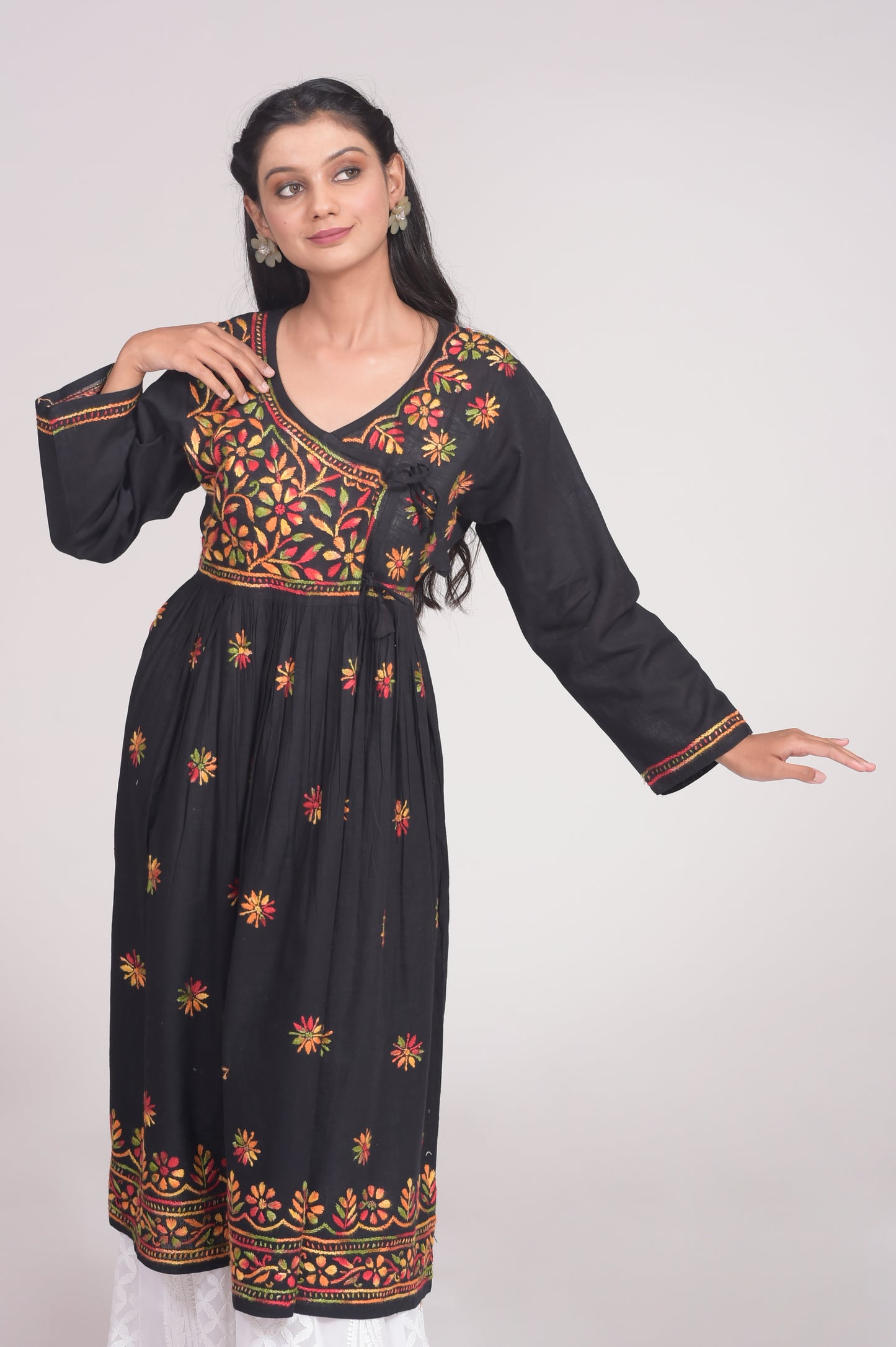 Slub Cotton Chikankari Black Hand Embroided Angarkha Kurti Lucknow Chikan Emporium.