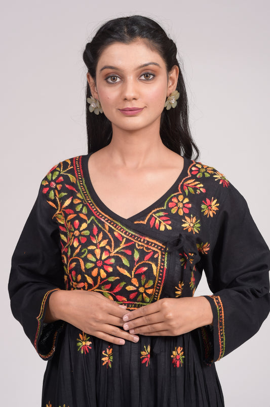 Slub Cotton Chikankari Black Hand Embroided Angarkha Kurti Lucknow Chikan Emporium.