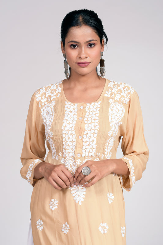 Nice Beige Colour Skin Friendly Soft Rayon /Modal Hand Embroided Chikankari Kurti Lucknow Chikan Emporium.