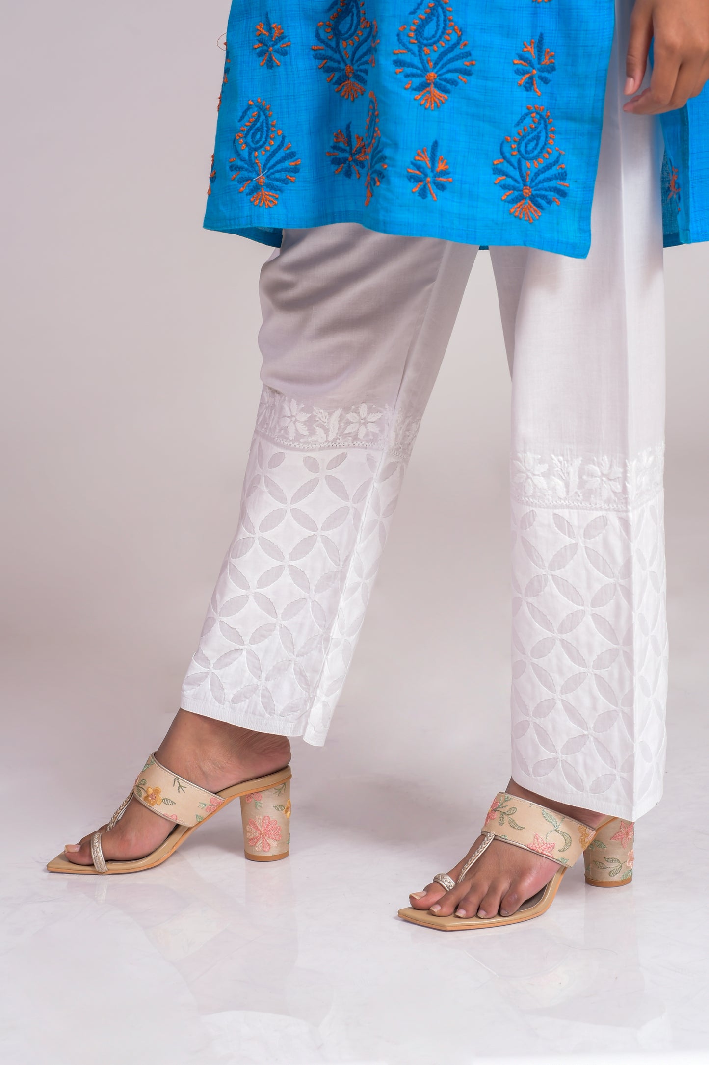 Chikankari Soft Skin Friendly Cotton White Pant Palazzo Lucknow Chikan.