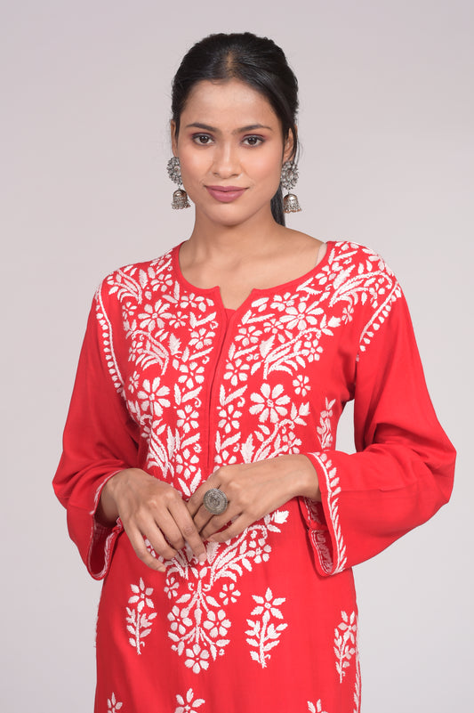 Modal/rayon Chikankari Kurti Nice Red Colour Lucknow Chikan Emporium.