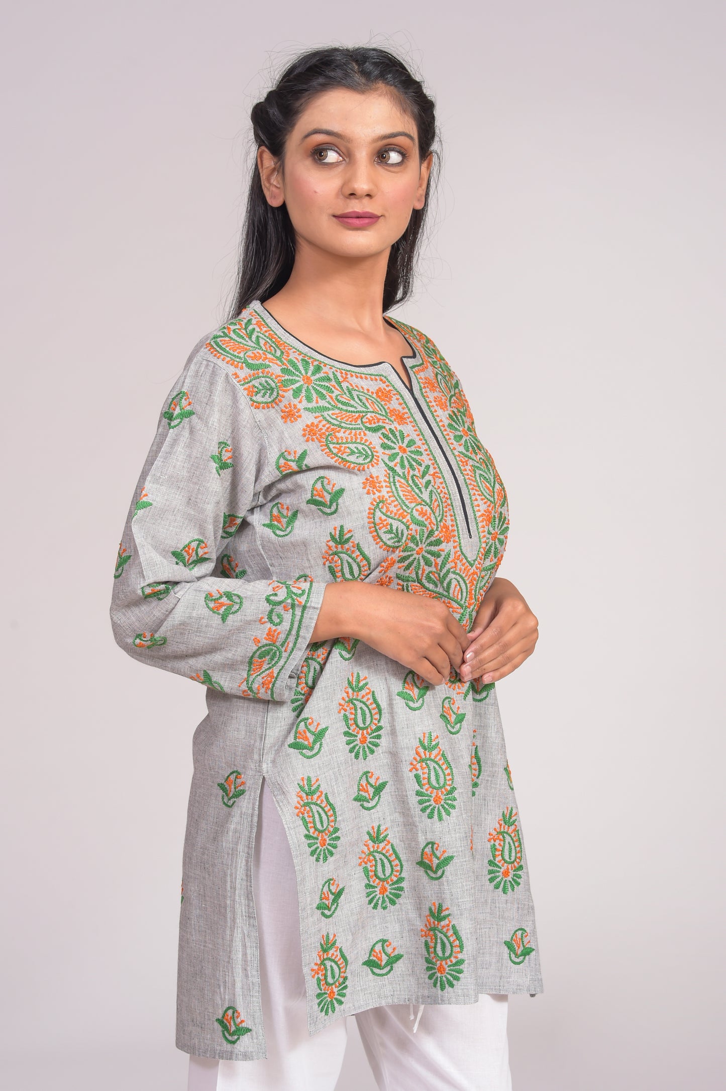 South Cotton Chikankari Short Kurti Nice Grey Colour Lucknow Chikan Emporium.