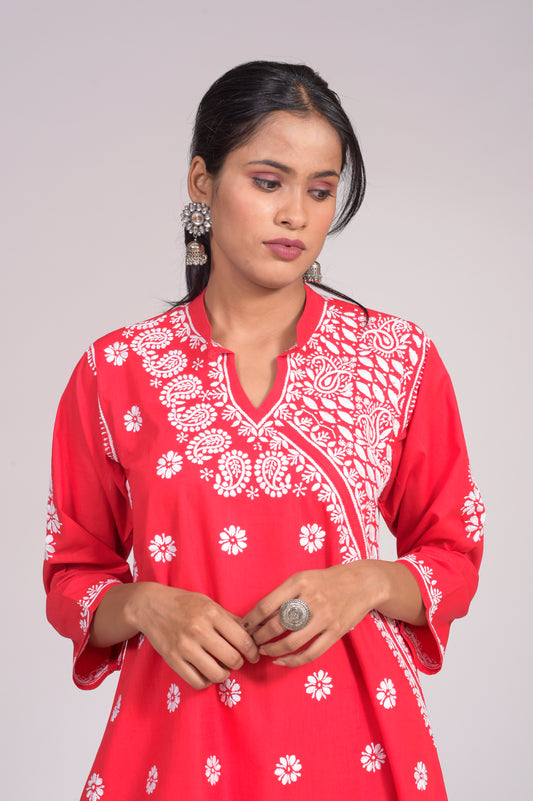 Skin friendly Cotton Chikankari Kurti Nice Red Colour Lucknow Chikan Emporium.