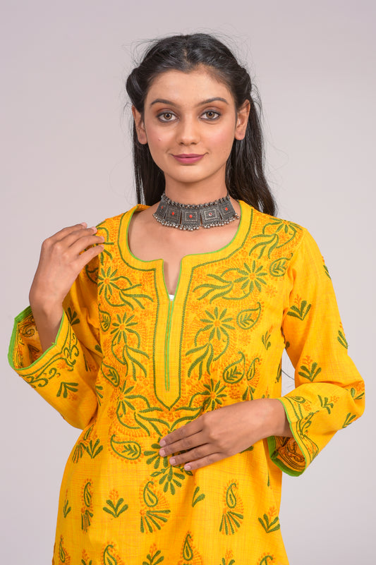 South Cotton Chikankari Short Kurti Nice Mustard Colour Lucknow Chikan Emporium.