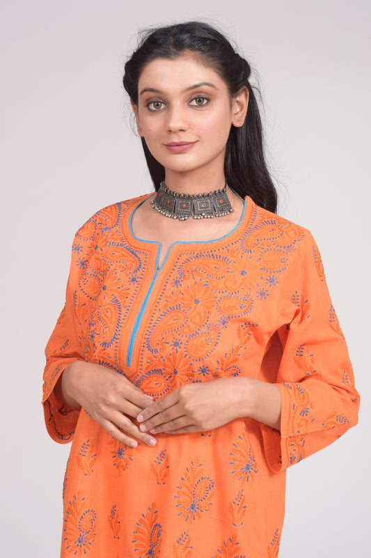 South Cotton Chikankari Short Kurti Nice Orange Colour Lucknow Chikan Emporium.