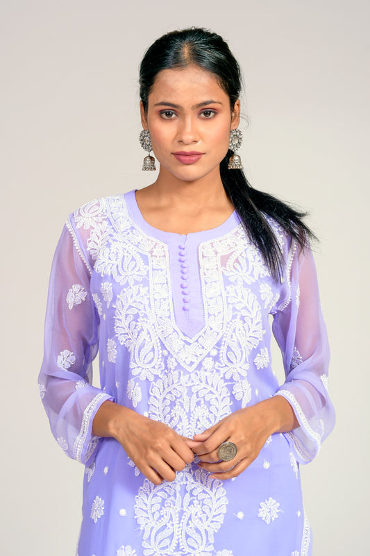 Skin friendly semi Georgette Chikankari Kurti Mauve  Colour Lucknow Chikan Emporium .