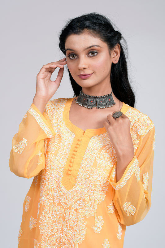 Skin friendly semi Georgette Chikankari Kurti Mustard Colour Lucknow Chikan Emporium .