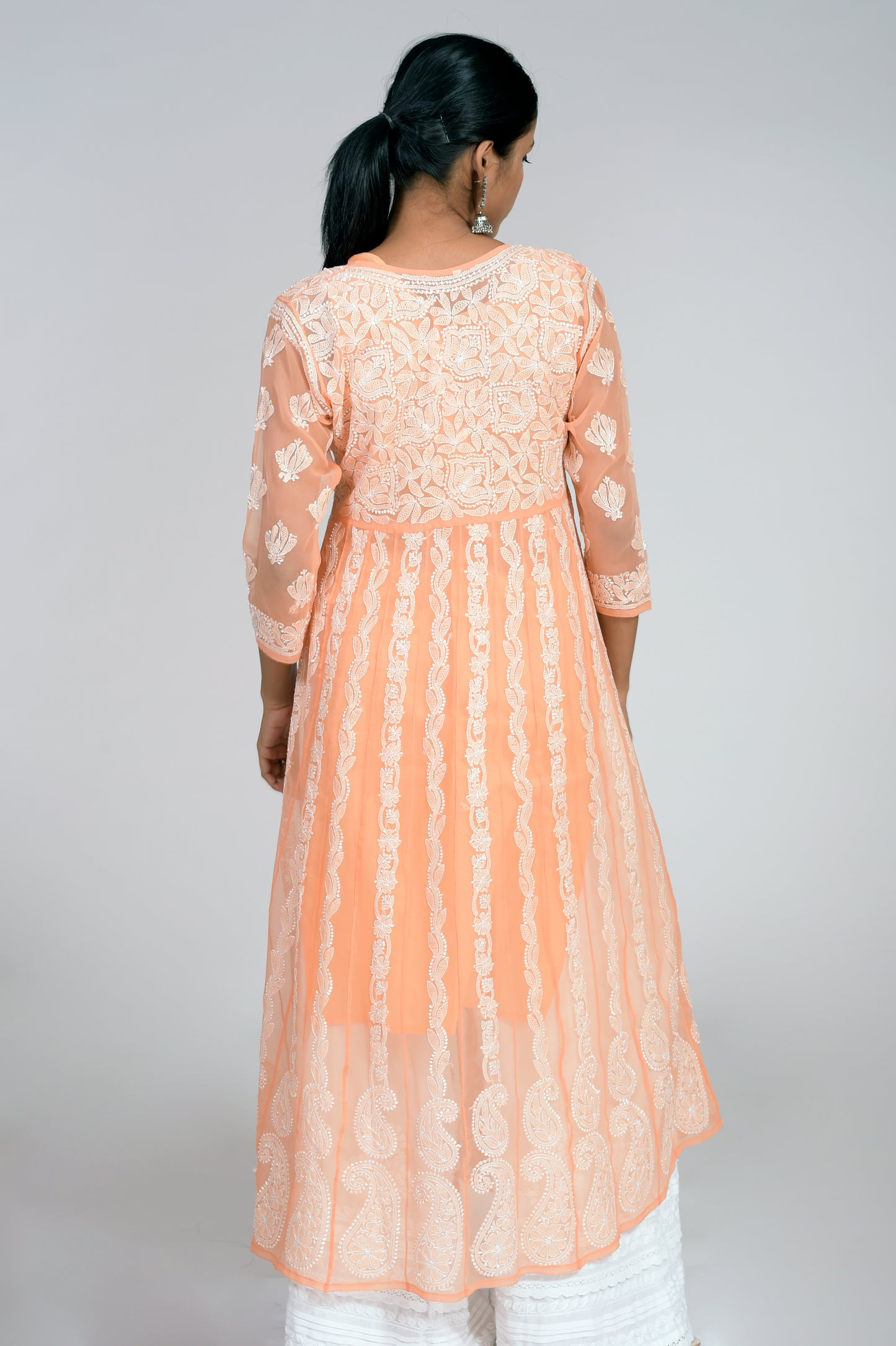 Orange Anarkali Skin Friendly Semi Georgette Hand Embroided Kurti Lucknow Chikan Emporium.